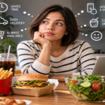 Person choosing a convenient meal from a food delivery app while prepared foods and fresh ingredients sit nearby