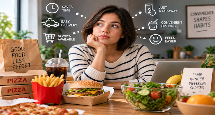 Person choosing a convenient meal from a food delivery app while prepared foods and fresh ingredients sit nearby