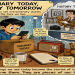 A collection of vintage household objects including a radio, camera, handwritten letters, and kitchen items representing everyday history.