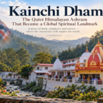 Kainchi Dham ashram in Uttarakhand surrounded by Himalayan hills, with Neem Karoli Baba and pilgrims represented in a feature illustration.