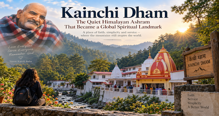 Kainchi Dham ashram in Uttarakhand surrounded by Himalayan hills, with Neem Karoli Baba and pilgrims represented in a feature illustration.