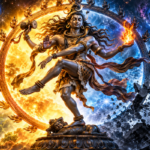 Shiva Nataraja bronze sculpture dancing within a ring of flames, holding the drum and fire that symbolize creation and destruction