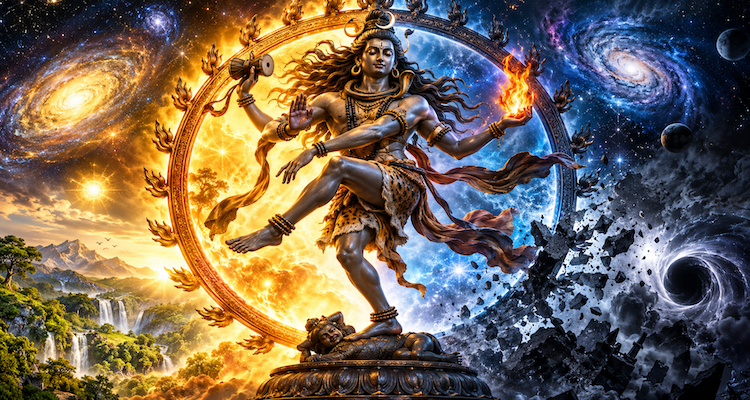 Shiva Nataraja bronze sculpture dancing within a ring of flames, holding the drum and fire that symbolize creation and destruction