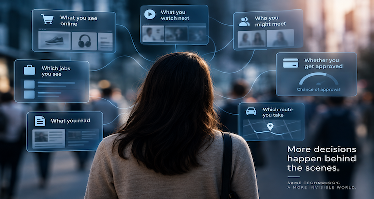 Digital interface showing algorithms influencing human choices through recommendations, rankings and automated decisions
