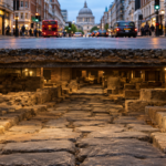 Archaeological remains of an ancient stone road beneath the streets of a modern city, showing layers of urban history.
