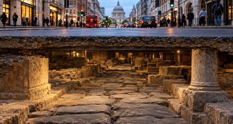 Archaeological remains of an ancient stone road beneath the streets of a modern city, showing layers of urban history.