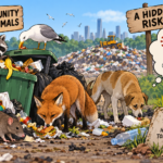 Wild animals foraging near human food waste at an urban landfill, illustrating the ecological effects of anthropogenic food