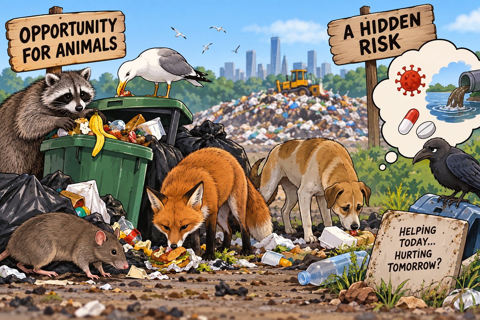 Wild animals foraging near human food waste at an urban landfill, illustrating the ecological effects of anthropogenic food