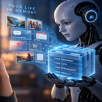 Conceptual illustration of an AI assistant organizing a user's memories, preferences and personal data inside a digital memory system