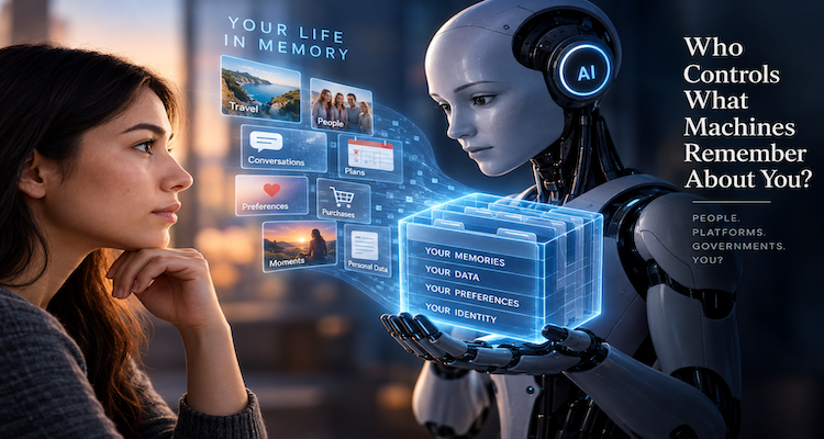 Conceptual illustration of an AI assistant organizing a user's memories, preferences and personal data inside a digital memory system
