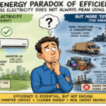 Diagram showing how improved energy efficiency can lower electricity per task while rebound effects and rising demand increase total energy use