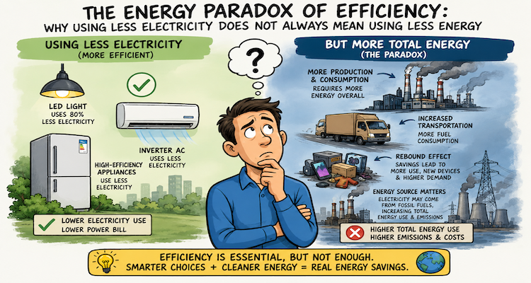 Diagram showing how improved energy efficiency can lower electricity per task while rebound effects and rising demand increase total energy use