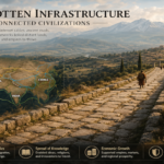 Ancient Silk Road landscape showing a caravan route, water infrastructure, waystation and distant walled settlement