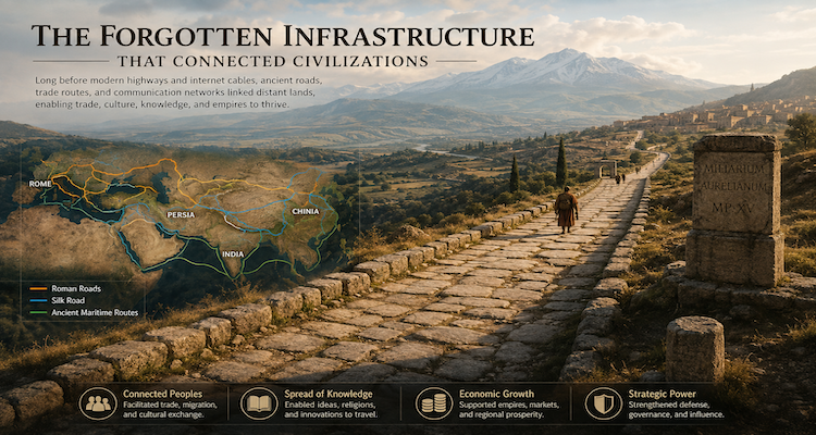 Ancient Silk Road landscape showing a caravan route, water infrastructure, waystation and distant walled settlement