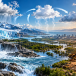 Satellite-style view of Earth's changing water cycle showing glaciers, rivers, clouds, rainfall and freshwater storage