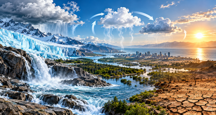 Satellite-style view of Earth's changing water cycle showing glaciers, rivers, clouds, rainfall and freshwater storage