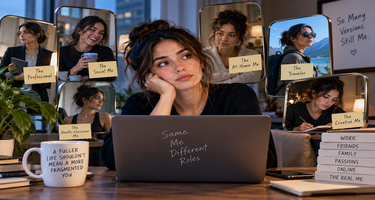 Person surrounded by different visual representations of professional, social, digital and personal identities