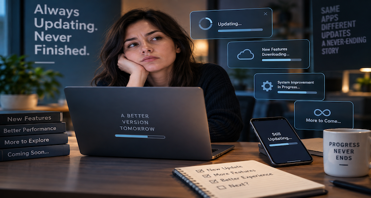 A laptop and smartphone showing continuous software updates, illustrating the hidden complexity of technology that never reaches a finished state.