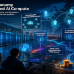 AI data center with GPU servers, power infrastructure and a digital marketplace representing the emerging economy around AI compute