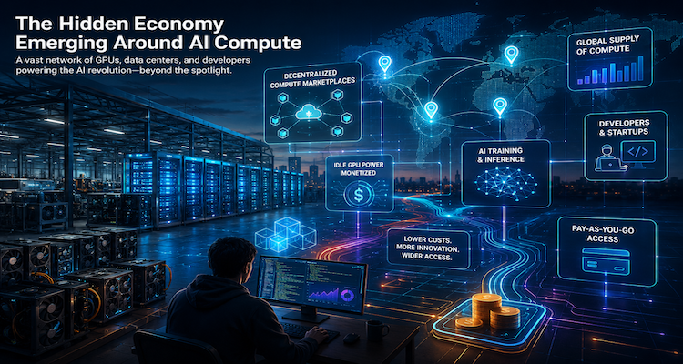 AI data center with GPU servers, power infrastructure and a digital marketplace representing the emerging economy around AI compute