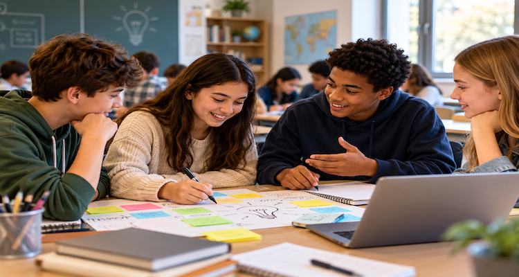 Student reviewing AI-generated information while comparing it with notes and classroom evidence
