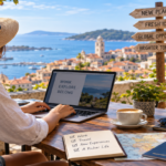Remote worker using a laptop in a café while traveling, illustrating the growing economic connection between remote work and tourism.