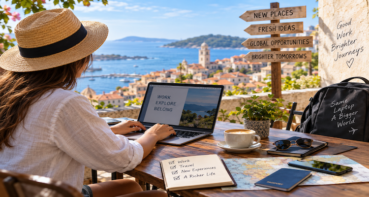 Remote worker using a laptop in a café while traveling, illustrating the growing economic connection between remote work and tourism.