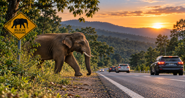 Wildlife crossing a road through a fragmented forest landscape