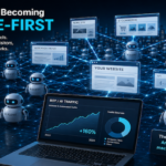 AI agent browsing and interacting with interconnected websites while a human user receives a synthesized answer