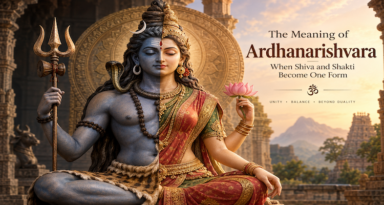Ardhanarishvara sculpture depicting Shiva and Shakti as one divine form