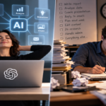 Professional worker directing multiple AI-assisted tasks on a digital workspace while retaining human oversight