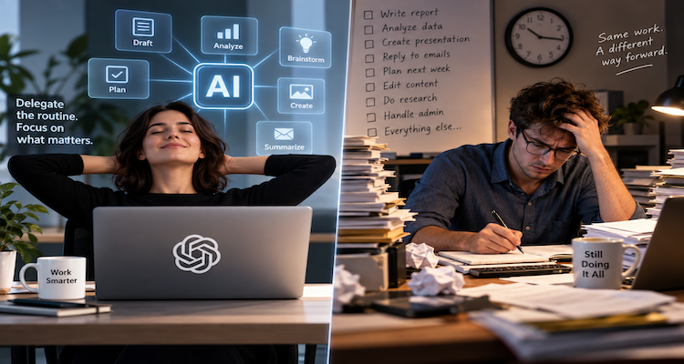 Professional worker directing multiple AI-assisted tasks on a digital workspace while retaining human oversight