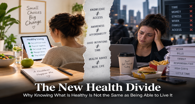 Diverse people navigating different access to healthy food, exercise, housing and everyday health opportunities