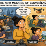 Person surrounded by digital convenience tools while balancing work, household tasks, shopping and personal time