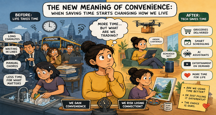 Person surrounded by digital convenience tools while balancing work, household tasks, shopping and personal time