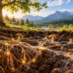 Scientific visualization of fungal hyphae, plant roots and microorganisms forming an underground ecological network in healthy soil