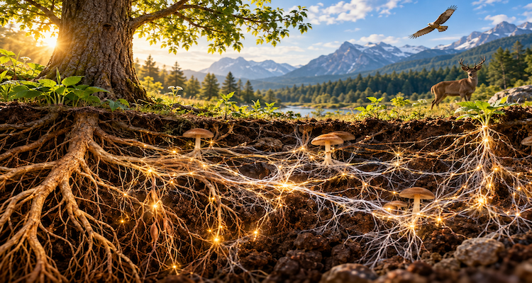 Scientific visualization of fungal hyphae, plant roots and microorganisms forming an underground ecological network in healthy soil