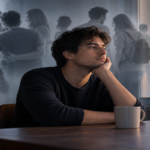 Person sitting alone while notifications and social messages fade into the background