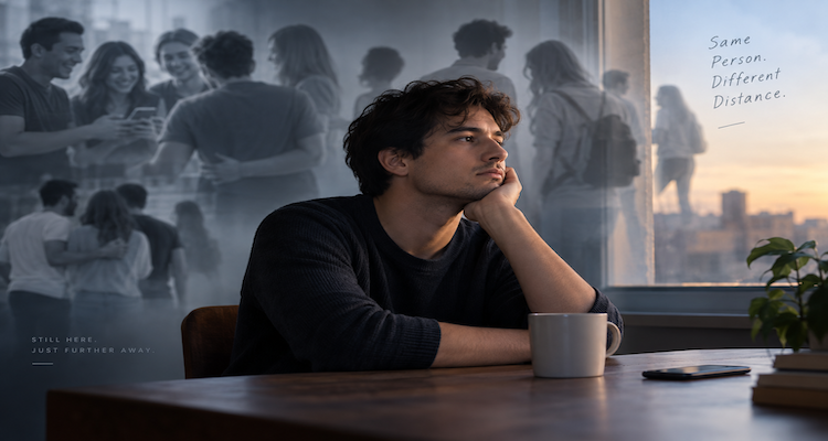 Person sitting alone while notifications and social messages fade into the background