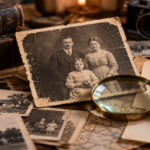 Old family photograph beside handwritten notes and genealogy records during a family-history investigation