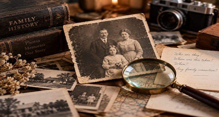 Old family photograph beside handwritten notes and genealogy records during a family-history investigation