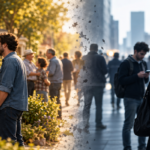 Neighbors standing apart on a modern residential street as digital connections replace traditional community networks