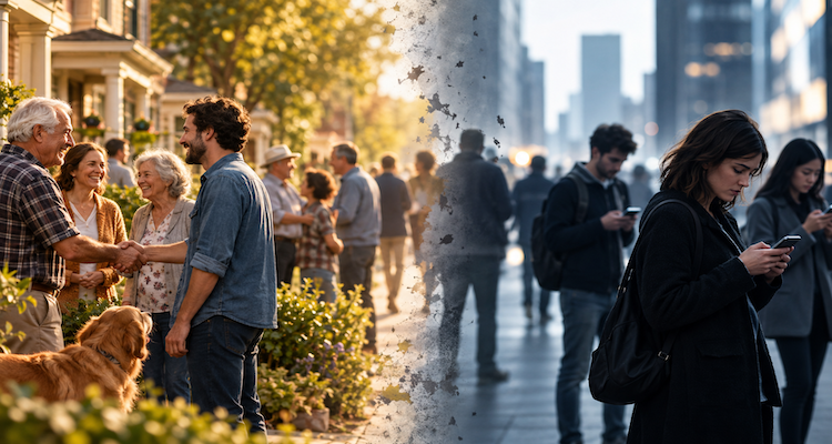 Neighbors standing apart on a modern residential street as digital connections replace traditional community networks