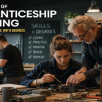 Young professional learning alongside an experienced mentor in a modern workplace, representing the return of apprenticeship-based learning.