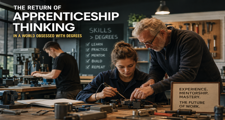Young professional learning alongside an experienced mentor in a modern workplace, representing the return of apprenticeship-based learning.