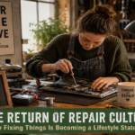 Person repairing a small electronic device at a community repair workshop, surrounded by tools and replacement parts.