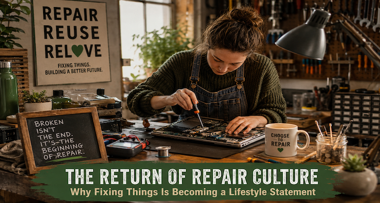Person repairing a small electronic device at a community repair workshop, surrounded by tools and replacement parts.