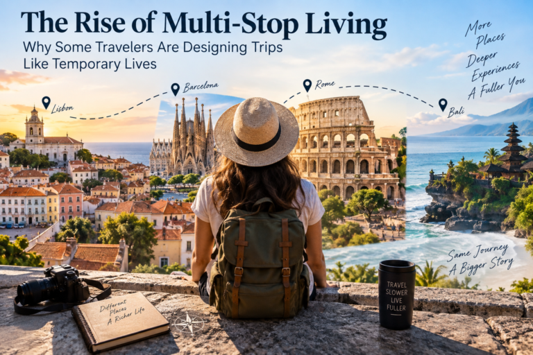 Traveler working from a temporary apartment while living between multiple destinations during a long-stay journey