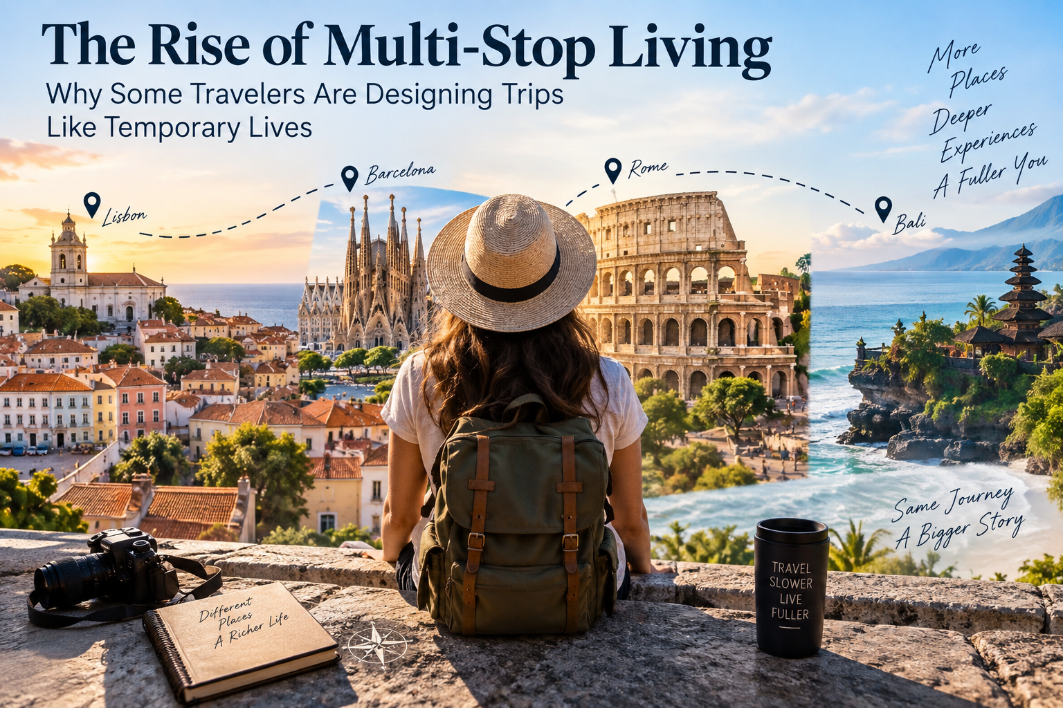 Traveler working from a temporary apartment while living between multiple destinations during a long-stay journey