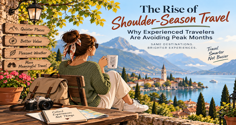 Travelers exploring a European coastal town during the shoulder season with fewer crowds